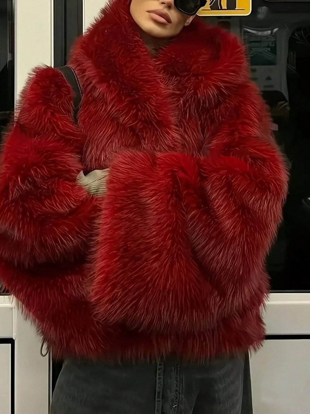 Red Elegant Women's Hooded Faux Fur Coat - Picture 3 of 4
